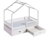 Weißes Hausbett für Kinder mit offener Bettschublade und Matratze.