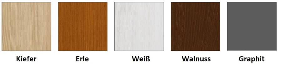 Farbauswahl für das Bett: Kiefer, Erle, Weiß, Walnuss und Graphit.