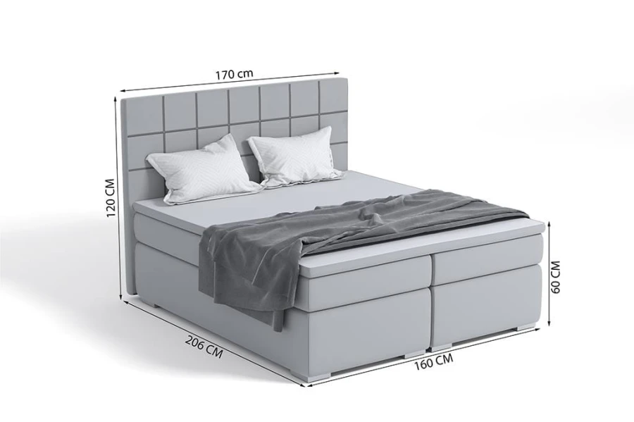 Technische Zeichnung mit Maßen für ein Boxspringbett mit 160x200 cm Liegefläche.