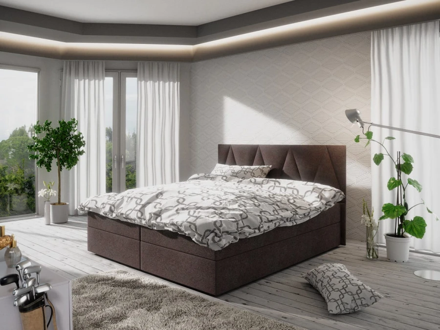 Gemütliches braunes Boxspringbett mit hochwertigem Stoffbezug im modernen Schlafzimmer.