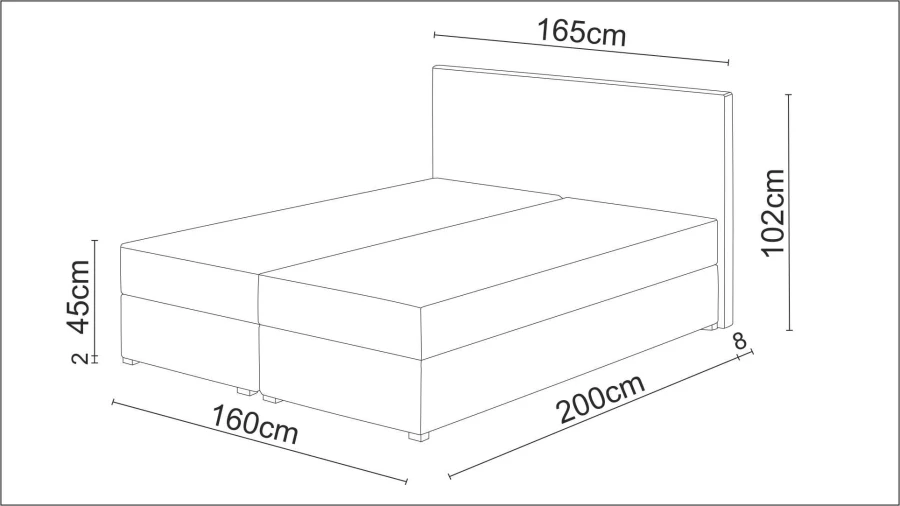 Technische Zeichnung Boxspringbett 160x200 cm mit allen Maßen und Kopfteil-Höhe.