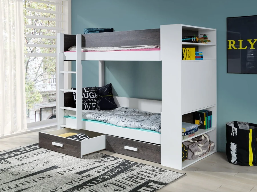 Modernes Etagenbett in Weiß und Anthrazit mit Regal und Schubladen für das Kinderzimmer.