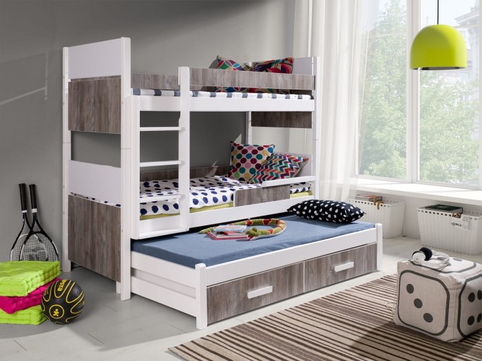 Etagenbett für 3 Kinder AUGUSTIN Weiß + Eiche Grau Laminatplatte