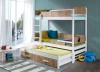 Space-saving bunk bed in white and oak with pull-out bed and drawers for children.