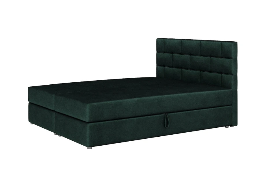 Elegantes Polsterbett in Dunkelgrün mit gestepptem Kopfteil und Bettkasten-Funktion.