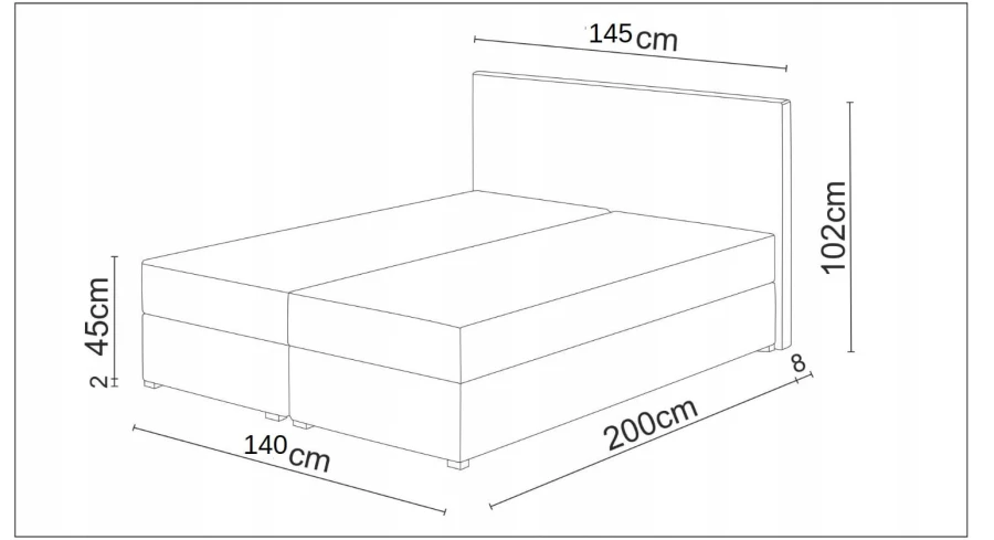 Technische Skizze mit Abmessungen für ein 140x200 cm Doppelbett in der Übersicht.