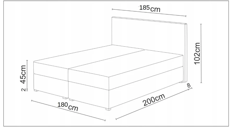 Abmessungen Boxspringbett 180x200 cm: Technische Skizze mit detaillierten Maßangaben.