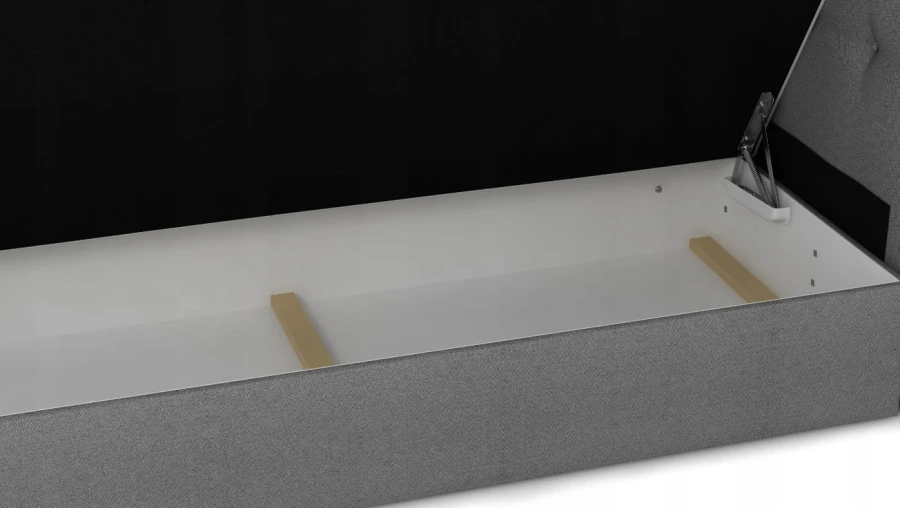 Innenansicht vom Bettkasten: Stauraum eines Boxspringbettes mit robustem Klappmechanismus.