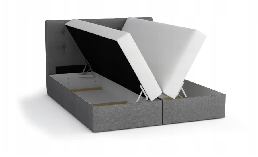 Modernes Boxspringbett in Grau mit zwei seitlich aufklappbaren Bettkästen für viel Stauraum.