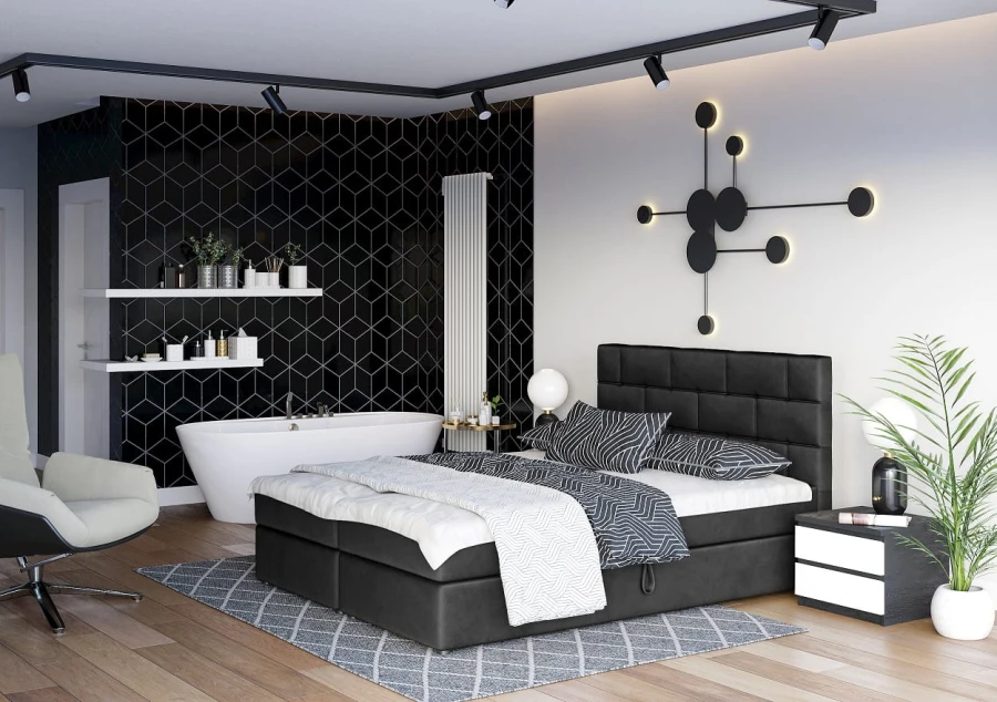 Schwarzes Boxspringbett in modernem Interieur mit Badewanne und eleganten Beleuchtungsakzenten.