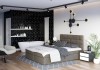 Komfortables braunes Boxspringbett in luxuriösem Schlafzimmer mit Badewanne und Deko.