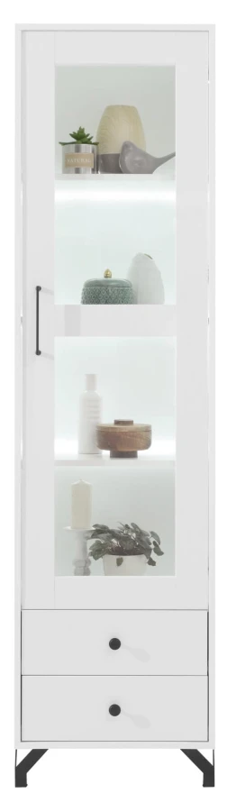 Schmale weiße Vitrine mit Glasfront, LED-Beleuchtung und zwei Schubladen im modernen Design.