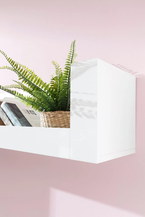 Weißes Wandregal mit grüner Pflanze vor einer rosa Wand.
