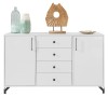Modernes weißes Sideboard mit vier Schubladen und schwarzen Füßen.