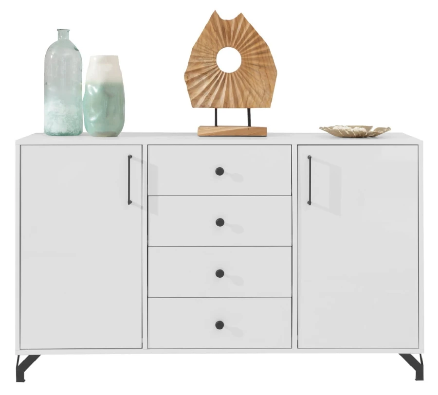 Modernes weißes Sideboard mit vier Schubladen und schwarzen Füßen.