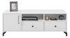 Modernes weißes TV-Board mit Schubladen, offenem Fach und schwarzen Metallbeinen für das Wohnzimmer.