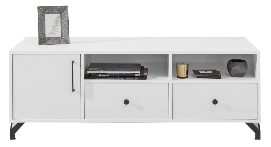 Modernes weißes TV-Board mit Schubladen, offenem Fach und schwarzen Metallbeinen für das Wohnzimmer.