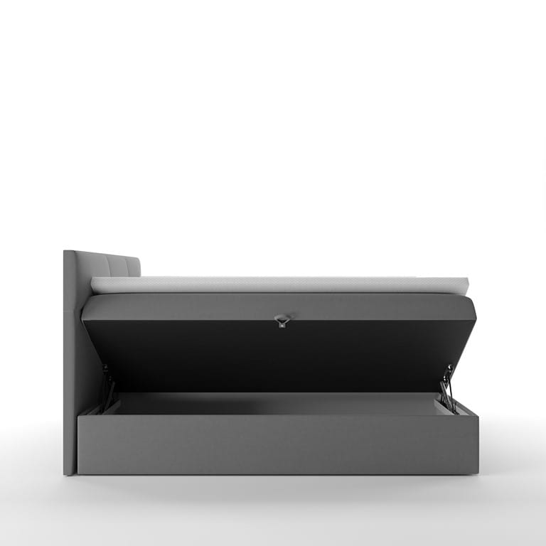 Seitenansicht Funktionsbett in Grau mit offenem Bettkasten und Hebemechanismus.
