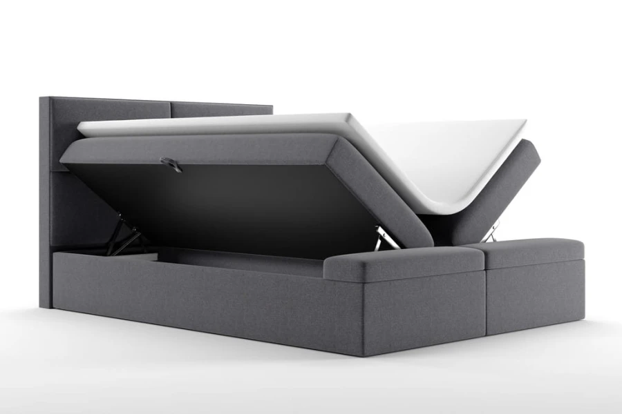 Graues Bett mit seitlich aufklappbarem Bettkasten für zusätzlichen Stauraum.