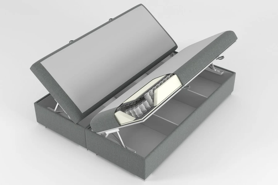 Boxspringbett mit offenem Bettkasten für viel Stauraum und Einblick in den Tonnentaschenfederkern.
