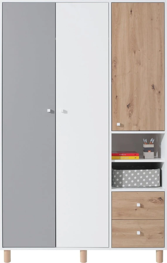 Dreitüriger Kleiderschrank in Weiß, Grau und Eiche-Optik