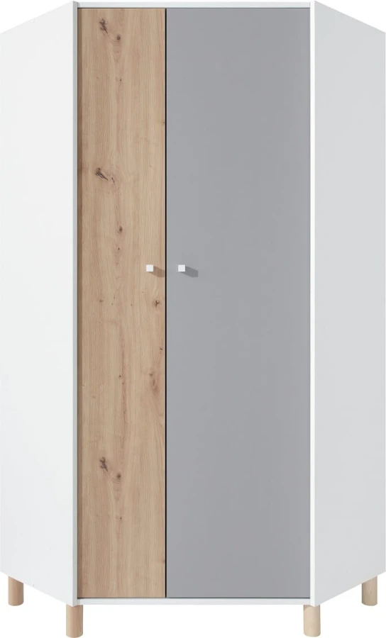 Moderner Eckkleiderschrank in Weiß, Grau und Eiche mit Holzfüßen für das Kinderzimmer.