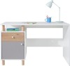 Moderner weißer Schreibtisch mit Holzschublade und grauer Tür für das Kinderzimmer.