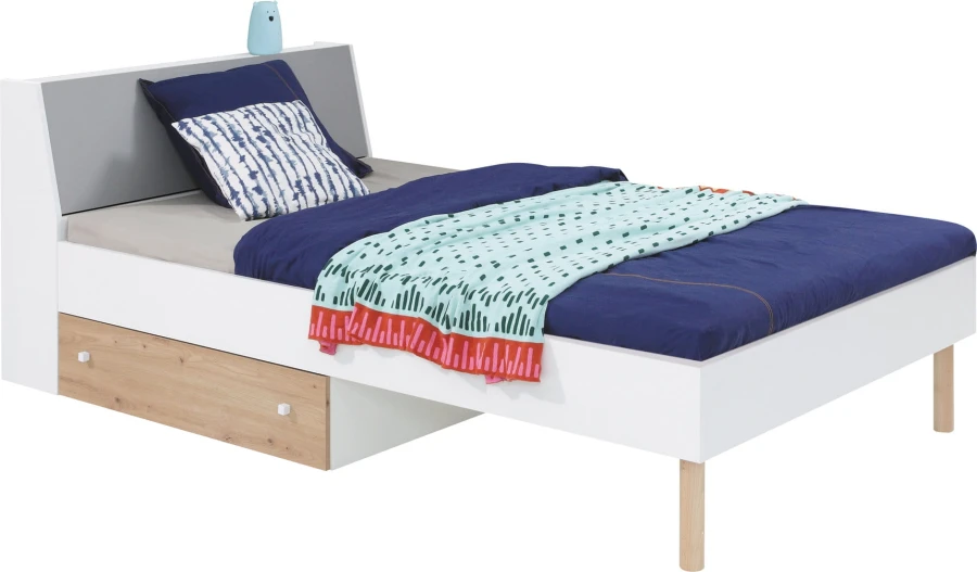 Zeitloses Einzelbett in Weiß mit integrierter Bettschublade und Beinen aus Holz.