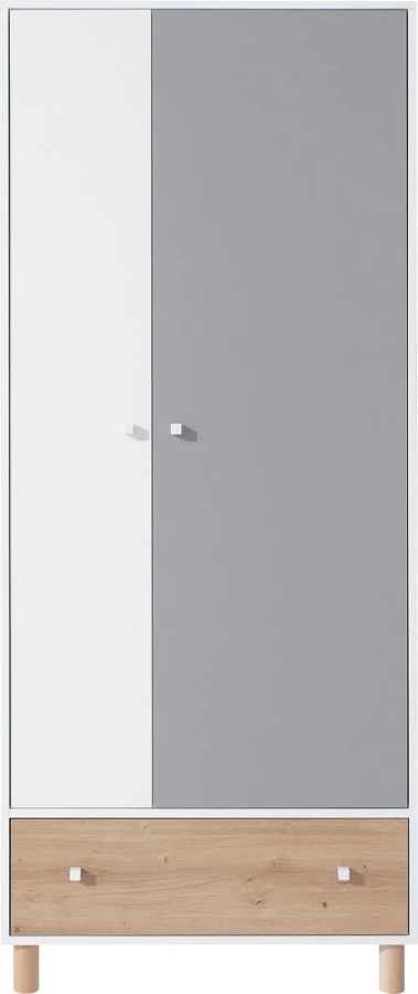 Moderner Kleiderschrank in Weiß und Grau mit Holzschublade und Füßen im skandinavischen Design.