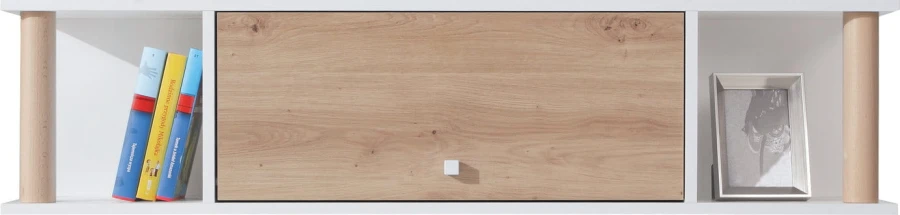 Detailansicht eines Wandregals mit Holzfront, bunten Büchern und kleinem Bilderrahmen.