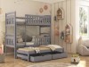 Graues Etagenbett für drei Kinder mit Ausziehbett und Bettkasten-Schubladen.