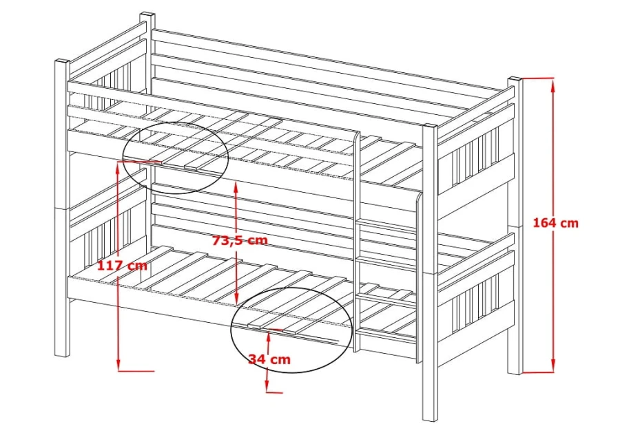 Maßskizze für ein klassisches Etagenbett aus Massivholz.