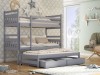 Graues Dreifach-Etagenbett mit ausziehbarem Gästebett und Unterbett-Schubladen.