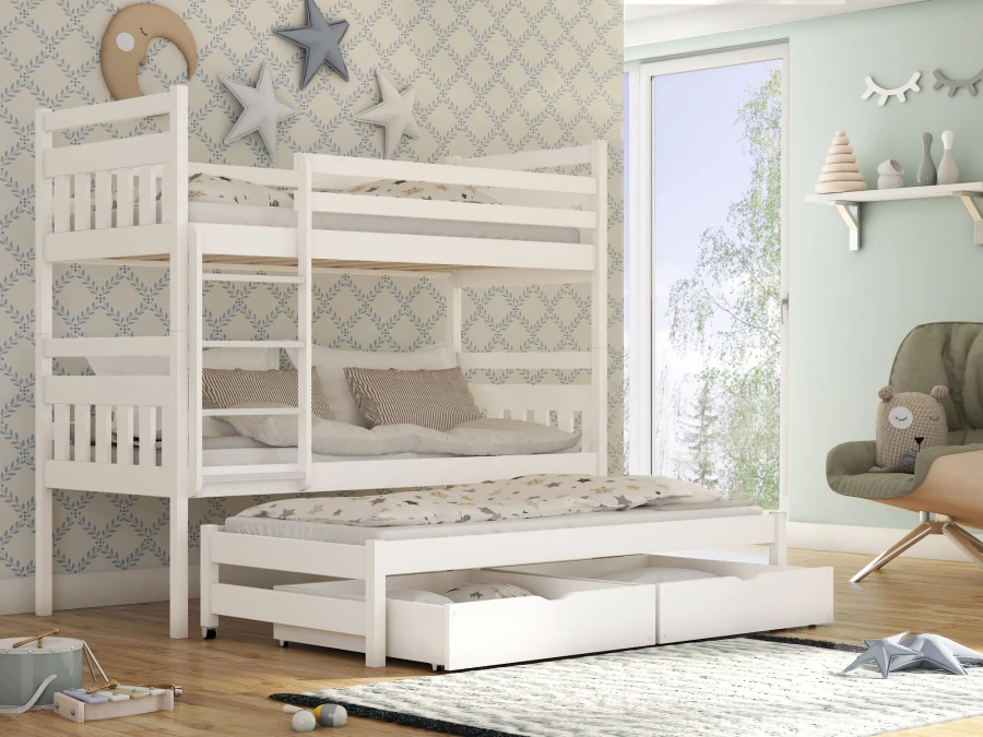 Weißes Triple-Etagenbett aus Kiefernholz mit Auszugsbett für das Kinderzimmer.