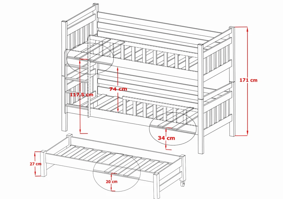 Maße und technische Details eines weißen Kinderetagenbetts mit Ausziehfunktion.
