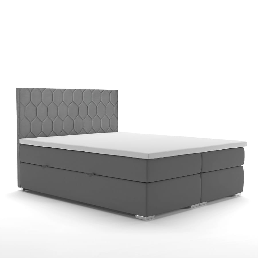 Modernes graues Boxspringbett mit gepolstertem Kopfteil vor weißem Hintergrund.