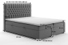 Abmessungen und Maße eines grauen Boxspringbetts mit Angabe von Höhe, Breite und Tiefe.