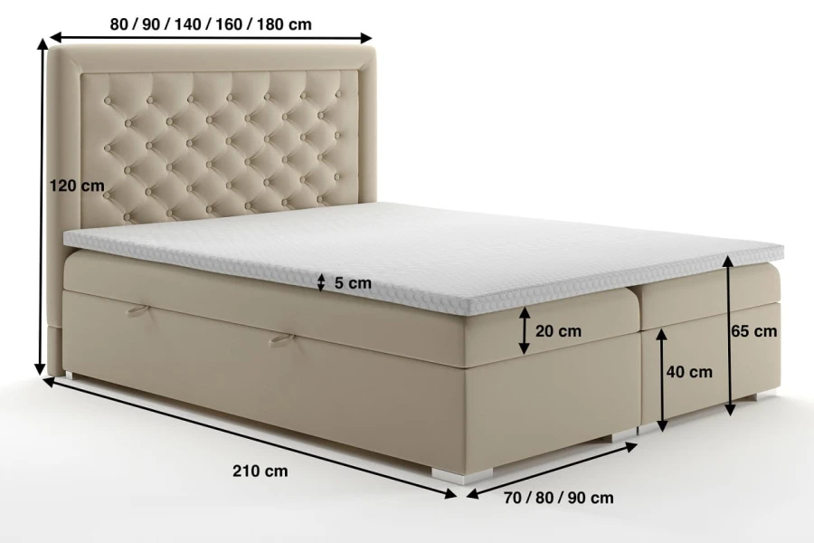 Detaillierte Maßgrafik für ein beiges Boxspringbett mit verschiedenen Größenoptionen und Höhenangaben.