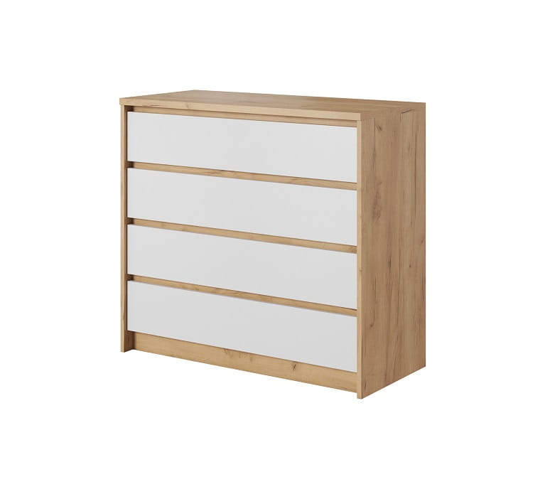 Elegante Kommode mit vier weißen Schubladen im modernen Holz-Design.