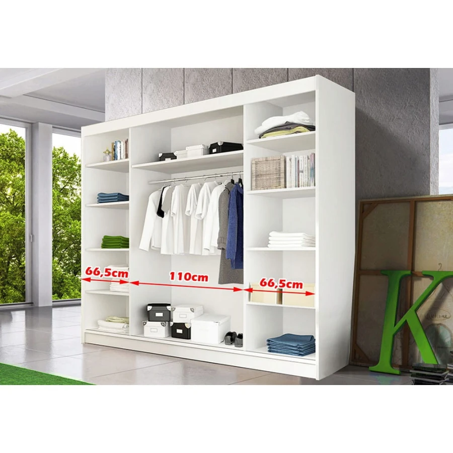 Kleiderschrank Innenleben mit Maßen für Ablagefächer und Kleiderstange.