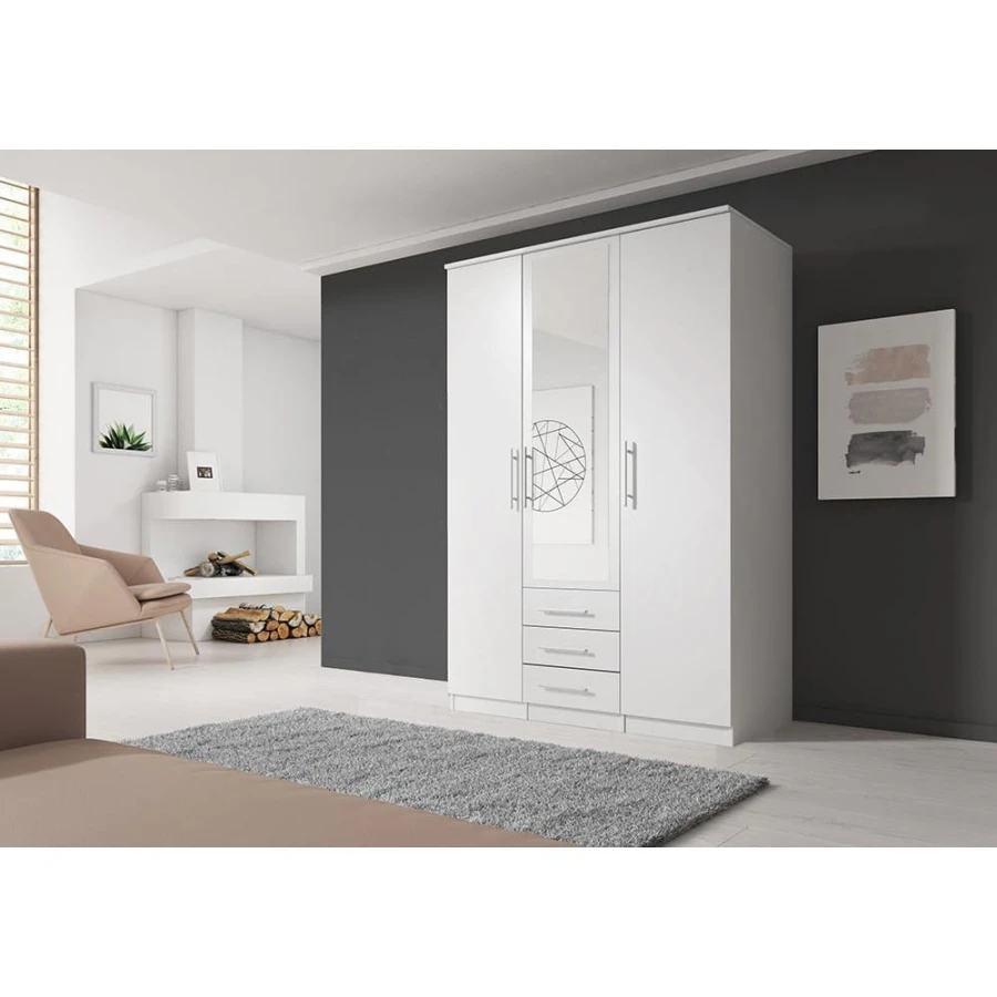 Weißer 3-türiger Kleiderschrank mit Spiegel und Schubladen für Schlafzimmer.