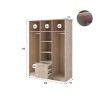 Maße Kleiderschrank Eiche-Optik: 210x150x64 cm, Innenaufteilung mit Kleiderstangen und Schubladen.