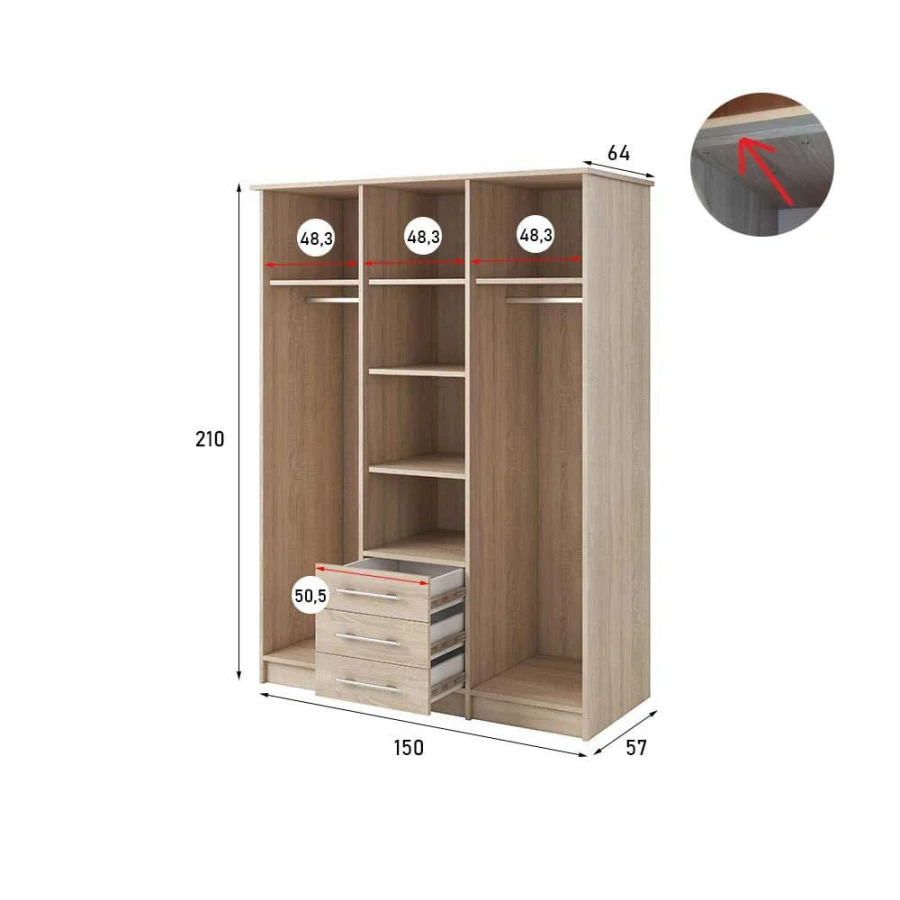 Maße und Innenaufteilung des 150 cm breiten Kleiderschranks mit Kleiderstangen und Fächern.