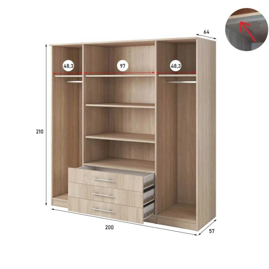 Innenaufteilung Kleiderschrank 200 cm breit, Eiche-Dekor, mit Regalböden, Kleiderstangen & Schubladen.