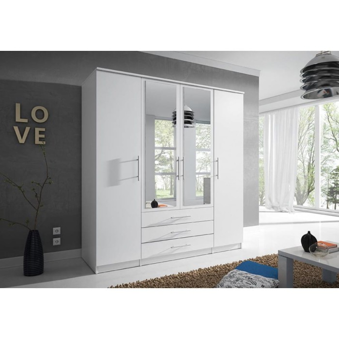 Großer weißer Schlafzimmerschrank mit 4 Türen, 2 Spiegeln und 3 praktischen Schubladen.