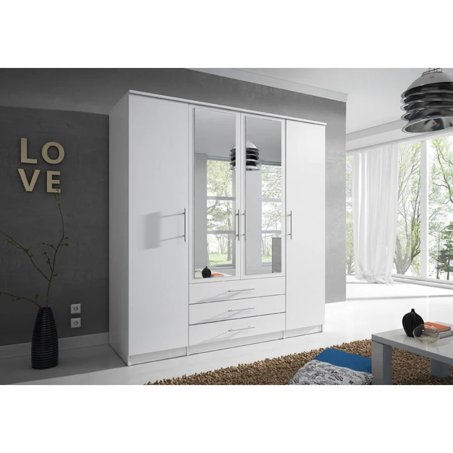Großer weißer Schlafzimmerschrank mit 4 Türen, 2 Spiegeln und 3 praktischen Schubladen.