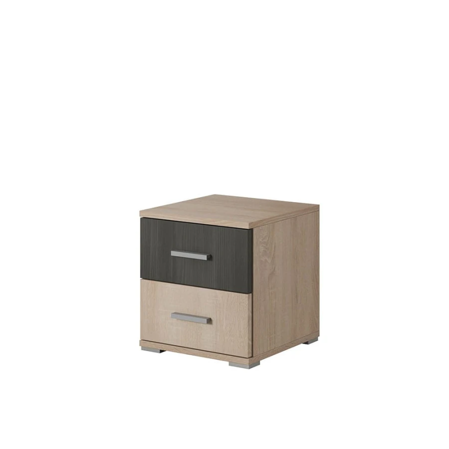 Kleiner Nachttisch in Eiche und Grau mit zwei Schubladen, ideal für moderne Schlafzimmer.