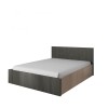 Modernes Doppelbett in Anthrazit und Holzoptik mit Kopfteil und weißer Matratze.