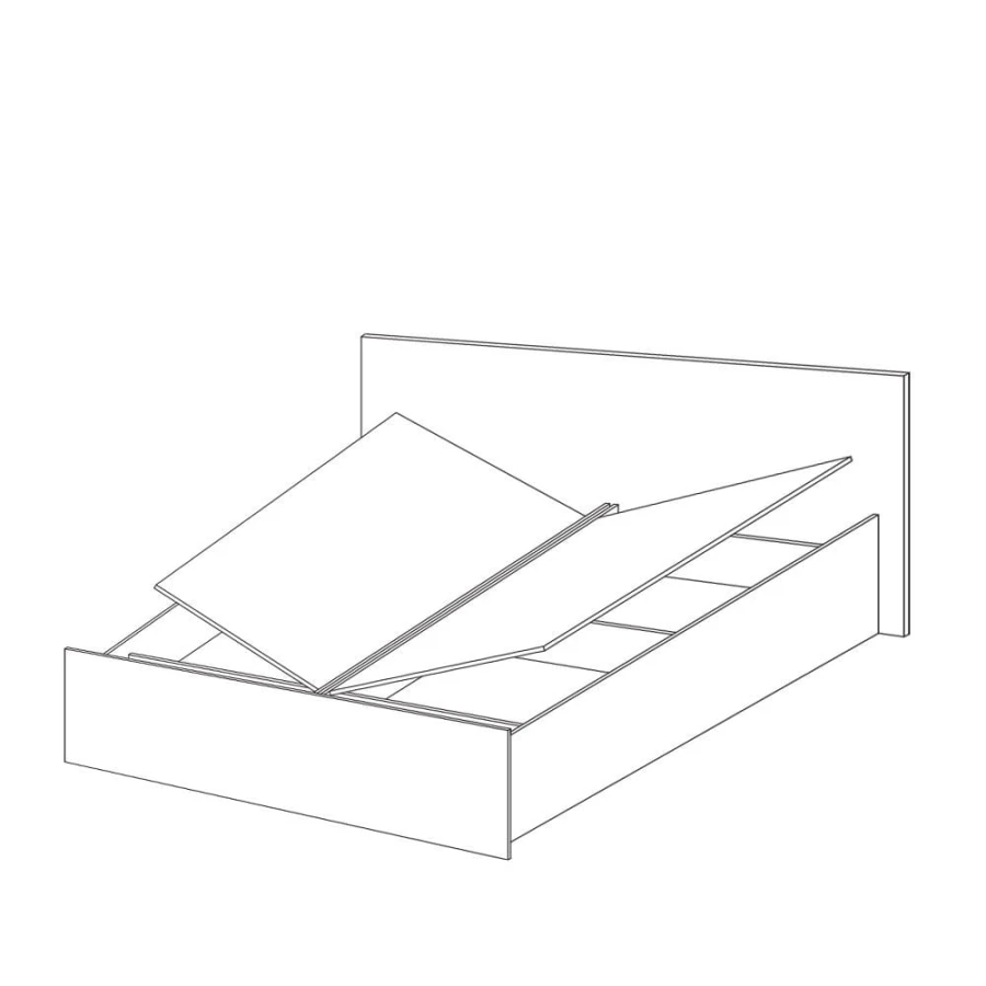 Konstruktionsskizze Bett mit seitlich öffnenden Bettkästen für zusätzlichen Stauraum.