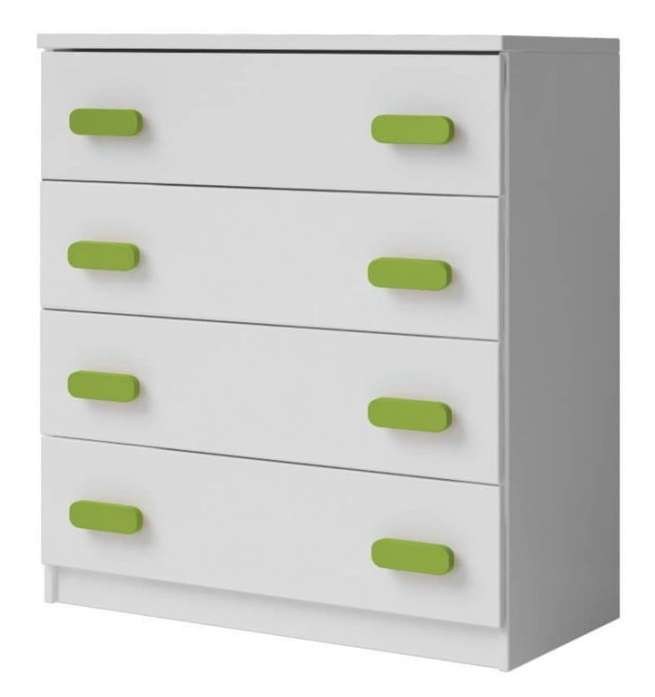 Weiße Kommode mit vier Schubladen und ovalen grünen Griffen, ideal für das Kinderzimmer.